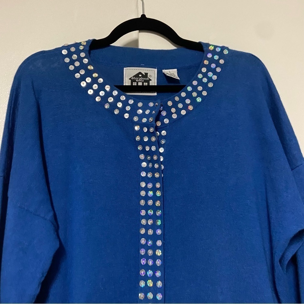 Vintage Storybook Knits Blue Sled Ride Ugly Christmas Sweater Size L - Picture 4 of 7